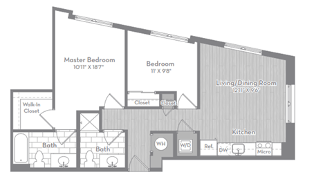 Floor plan for 2 beds, 2 baths, 843 sqft